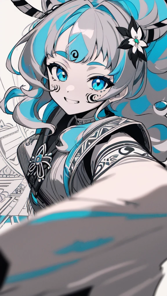 (monochrome), (lineart-style:1.3),(masterpiece, best quality, ultra detailed, ultra high resolusion, highres,8k:1.4), BREAK,(from front:1.5), 20_years_old, 1giri grin, close up face,(tribal_tatoo:1.2),(wavy hairs),(messy hair),(asymmetry bangs),(multicolored hair),
Tsurime Eyes, (((blue eyes))),
((flower hair ornament)),