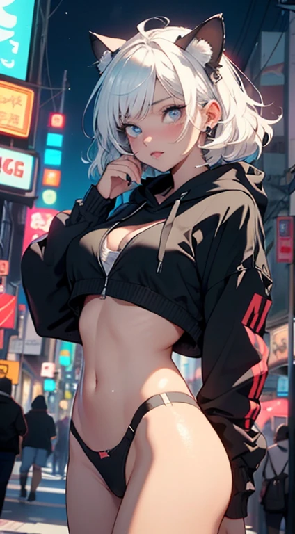 girl spacepunk,(((1girl))),((anime girl with extremely cute and beautiful white hair cat ears walking seductively down the street)),
(large breasts:1.4),saggy breasts,((((white wavy bob hair:1.35,messy hair, colored inner hair,ear breathing)))),((((cat ears,cat ears on head,big cat ears)))),((azure blue eyes:1.3,upturned eyes:1.3,perfect eyes,beautiful detailed eyes,rainbow glows ultra-detailed deep azure blue eyes:1.1,gradient eyes:1,finely detailed beautiful eyes:1,symmetrical eyes:1,big highlight on eyes:1.2)),((fat)),(((lustrous skin:1.5,bright skin: 1.5,skin tanned,shiny skin,very shiny skin,shiny body,plastic glitter skin,exaggerated shiny skin))),(spider lower abdomen,narrow waist,wide hip,athletic body,inflated legs,delicate detailed fingers,detailed body,detailed arms,human hands,(detailed face)),
cute,slutty,seductive,erotic,(((nsfw))),
zettai ryouiki,revealing clothing,show skin,((((underboob)))),(cleavage),(semi-naked,with little clothing,((tiny thong)),bare legs,visible thong straps),((((dark red crop top hoodie,cropped hoodie,hoodie,hoodie intricate)))),((detailed outfit,detailed clothes)),
(dynamic pose:1.0),solo focus,embarrassed,centered,scale to fit dimensions,Rule of thirds,
outdoors,((night view)),(very pretty city neon synthwave,cyberpunk night street Background:1.5,dark sky,thick clouds),future vehicles,((neon lights)),thick clouds,(cyberpunk style,neon lights, (synthwave theme background), street),(((detailed background:1.25))),
(best quality),(high resolution),(sharp focus),(ultra detailed),(extremely detailed),(extremely high quality artwork),8k_wallpaper,(extremely detailed CG 8k),(very fine 8K CG),((hyper super ultra detailed perfect piece)),flawless,(((masterpiece))),illustration,vibrant colors,(intricate),High contrast,Selective lighting,Double exposure,HDR (High Dynamic Range),Post-processing,Background blur,