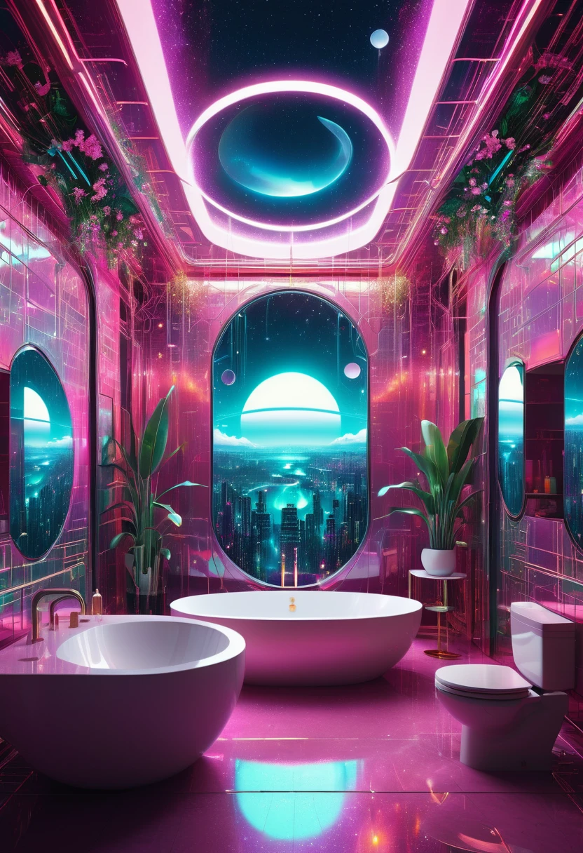 An intricately detailed digital art of a futuristic Matrix-themed bathroom, alive with cybernetic motifs, stretching into a NewEden at sunset, where people of distinct and unique beauty blend subtly with the unconventional architectures and futuristic flora, under a sprawling magnetosphere highlighted by multiple revolving suns and a crescent moon, digital render, ultra fine, neon lighting, surreal aesthetics, volumetric light