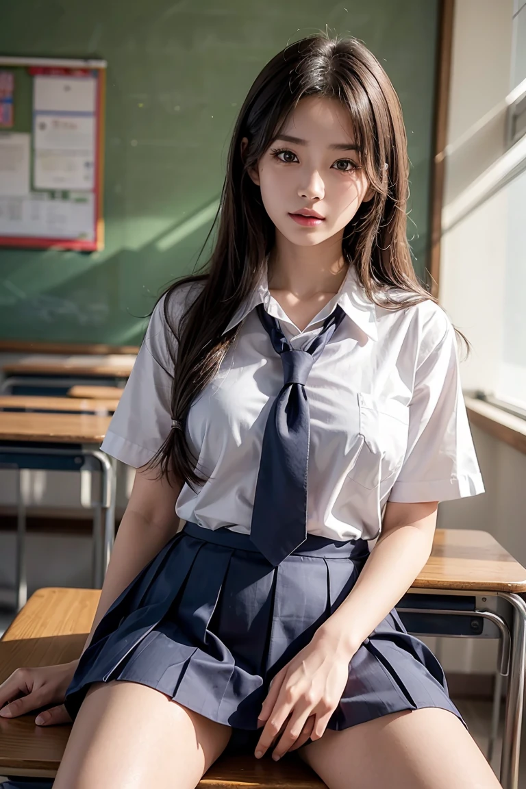 masutepiece, Best Quality, japanaese girl, 8K, Raw photo, top-notch quality, masutepiece, nffsw:1.2, exceptionally detailed RAW color photo, professional-grade photograph, (Realistic, Photorealistic:1.37), (highly detailedskin:1.2), Ultra-high resolution, (lenz 50mm), (masutepiece, top-quality:1.3), (Ultra detailed 8K cg:1.2), (hyper realisitic:1.35), (Photorealistic:1.45), (Realistic:1.4), Cowboy Shot,
1 beautiful Japanese girl, 22 years old, super model, Japanese Idol, __expression__, Large breasts, (sitting on the desk:1.1), (School uniform:1.4), (Spread legs:1.2),
(School classroom background:1.1)、Korean Idol、Nogizaka Idol、hposing Gravure Idol、Adults、actress