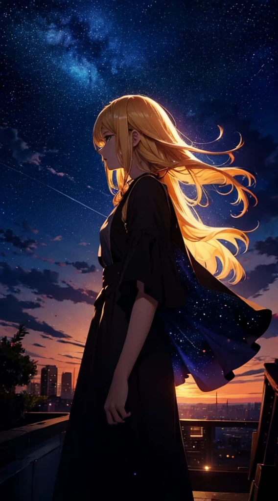 1people々々々々々々,Blonde long-haired woman, Dress Silhouette, Side view,Space Sky, comet, Anime Style, Starry sky seen from the rooftop,