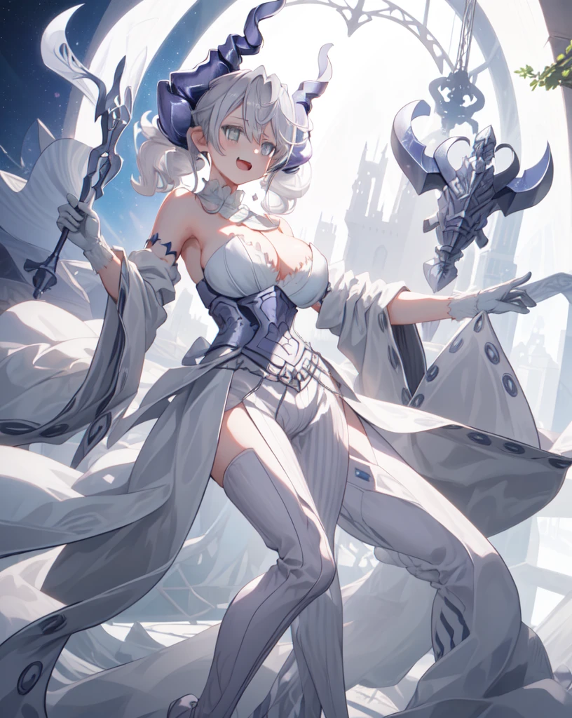 One girl, labrynth, Silver Hair, Grey Eyes, big breasts, horn, Red tracksuit, Unzip, Cleavage,A refined laugh, One girl, labrynth, Silver Hair, Grey Eyes, big breasts, horn, Cleavage, White Dress, white elbow gloves, silver castle, ivory, Exquisite, chandelier, blush, Nervous,Cowboy Shot, highest quality,((highest quality)),((Tabletop)),((Perfect Face)),1 girl,(Background Blur), ((Holographic)),1 girl,milky way, (stripes of light), Impressive visuals, (Dynamic Streaks, Path of Light:1.2), Bright colors,whole body,Dynamic pose,full body,(masterpiece:1.2, highest quality),(Colored Background) (Beautiful fine details: 1.2), (Very detailedな CG Unity 8k 壁紙, masterpiece, highest quality, Very detailed, Best Shadow), (Detailed Background)