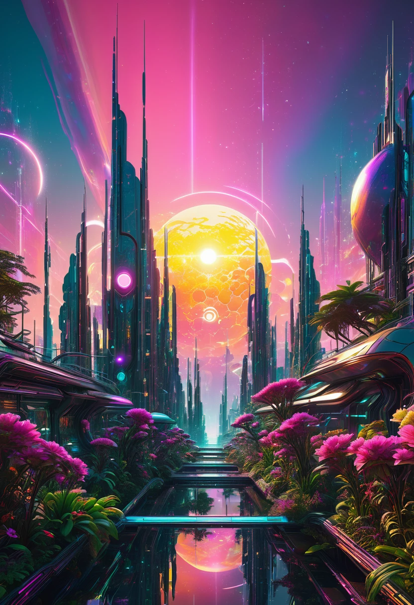 Sunset over a futuristic Matrix-inspired New Eden, cybernetic inhabitants merge with exotic flora and innovative architecture, digital art capturing the cosmic dance of multiple suns and a dramatic moon, a scene pulsating with the unique dreamscape of future living, neo cyberpunk aesthetic, radiant hues, volumetric light casting intricate shadows, intricate linework, digital painting, ultra realistic, breathtaking surreal masterpiece