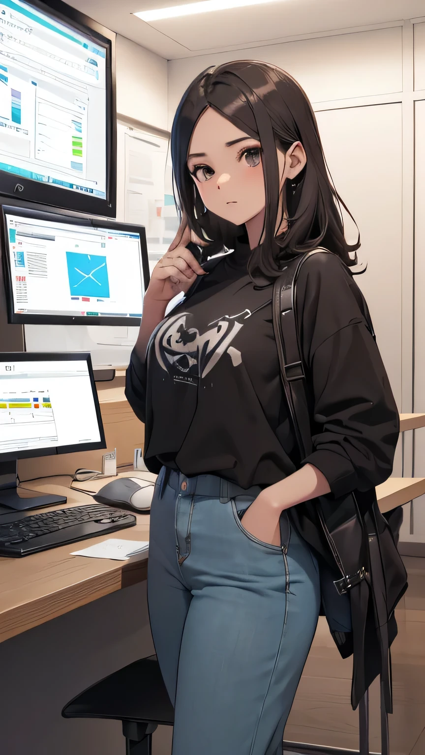 (8k, RAW foto, mejor calidad, (Obra maestra, super high quality, super detailed), anime style chica joven, Absoluto, detalles intrincados, Mujer arafed apoyada en un escritorio con tres pantallas de computadora., showing stock charts, En frente de una computadora, sentado en una computadora desk, mirando el monitor, sentado frente a la computadora, sentado en una computadora, Comercio, sentado en un escritorio, Proveedores, Comercio stocks, centrado en el centro, sentado en el escritorio, accurately portrayed