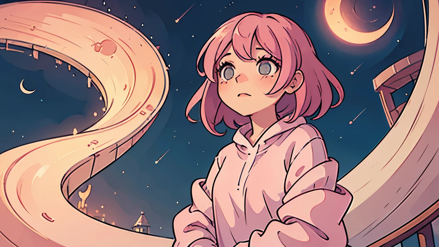 A cute pink-toned image of a sleepy girl looking up at the night sky from her room. From afar