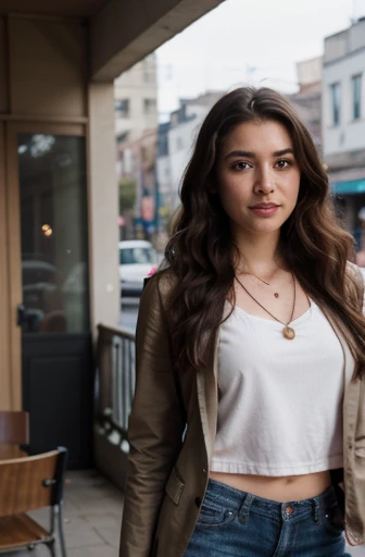 (in 8K, Raw-Photo, best quality, masterpiece:1.2), 1 girls , 20yo, 3/4 body, a beauty, asian, japanese mix, Balkans ancestry, slim normal body, caramel layered hair color, long silky hair hair, (wavy hair),(Show your teeth and smile), looking at viewer, blazers, tucked in shirts, ripped skinny jeans, office outfit, professional look, (beads necklace:1.2), ((The highest quality, 16 k, masterpiece: 1.3)), Biologically Correct Human, reference, detailed faces, detailed lips, detailed eyes, glittering eyes, realistic pupils, brown pupils, outdoor, siting, elegance, at the coffee shop, light on the face, golden hours, ambience light, backlight, summer, people in the background watching, cinematic look, deep depths of field, blurry background