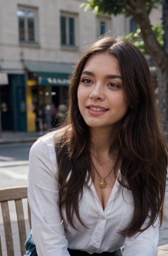 (in 8K, Raw-Photo, best quality, masterpiece:1.2), 1 girls , 20yo, 3/4 body, a beauty, asian, japanese mix, Balkans ancestry, slim normal body, caramel layered hair color, long silky hair hair, (wavy hair),(Show your teeth and smile), looking at viewer, blazers, tucked in shirts, ripped skinny jeans, office outfit, professional look, (beads necklace:1.2), ((The highest quality, 16 k, masterpiece: 1.3)), Biologically Correct Human, reference, detailed faces, detailed lips, detailed eyes, glittering eyes, realistic pupils, brown pupils, outdoor, siting, elegance, at the coffee shop, light on the face, golden hours, ambience light, backlight, summer, people in the background watching, cinematic look, deep depths of field, blurry background