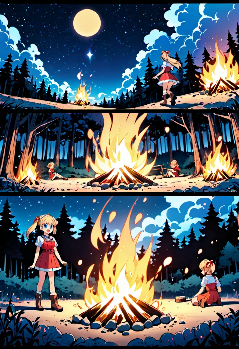 (best quality, highres, ultra sharp), (motion blur:1.2), Candy Candy\' by Toei Animation, detailed art style, vintage aesthetic, emotional melodrama, inspired by Keiko Nagita and Yumiko Igarashi's original manga, Campfire, forest night, Blonde, twintails, boots, red dress, ribbon, blue eyes, magical sky, stars, clouds, landscape, Campfire, comic, vignettes