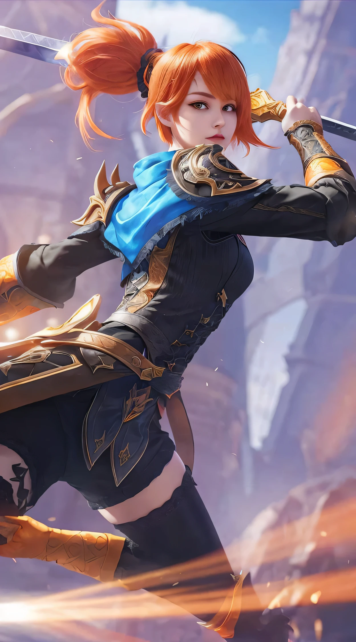 1Girl, Black Vestment, Sword, Short hair, Orange hair, Realistic, Ultra detail 