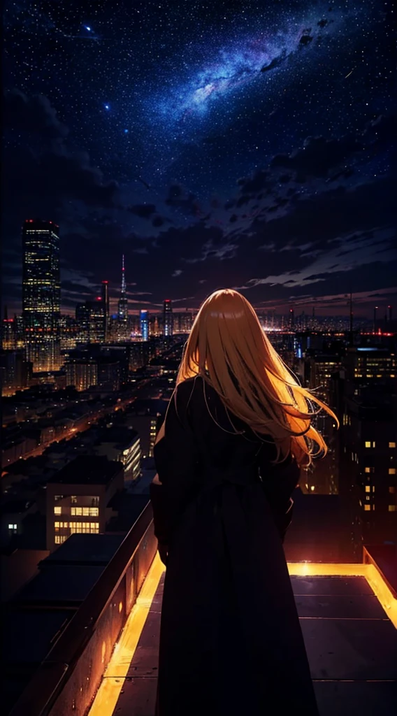 １people々々々々々々,Blonde long-haired woman，Long coat， Dress Silhouette， Rear View，Space Sky, comet, Anime Style, City night view from the rooftop，
