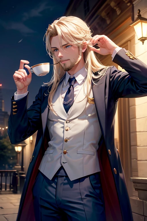 A muscular blonde haired male wizard with blue eyes with a dark beard and long hair in a student's suit is drinking tea on the roof at night
