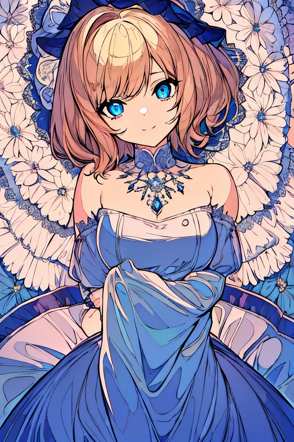 {best quality}, {{masterpiece}}, {highres}, extremely detailed girl, sharp focus, {{{character{1 girl}}}}, solo, {{{beautiful pink lolita dress}}}, lying, light smile, closed mouth, beautiful detailed eyes, blue eyes, {{{{{sharp focus}}}}}, {{{{{masterpiece illustration}}}}}, shiny hair, short hair, blonde hair, {{{{{{dakimakura}}}}}}, {{full body}}, glowing, white theme, {{{petals}}}
