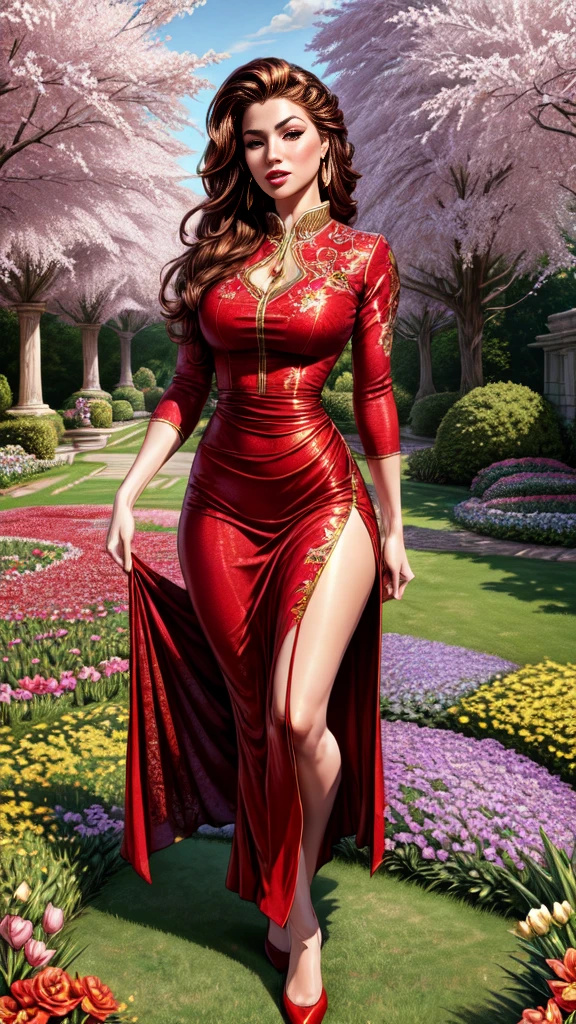 Best Quality, 4K, masterpiece, very sharp image,extremely beautiful woman,pinup,standing,highly detailed beautiful face,big eyelahes,minimum waist,gold embroided red maxi slit dress, tights,long hair,excellent sense,(((one person))),highly detailed body,flower garden in spring scenario