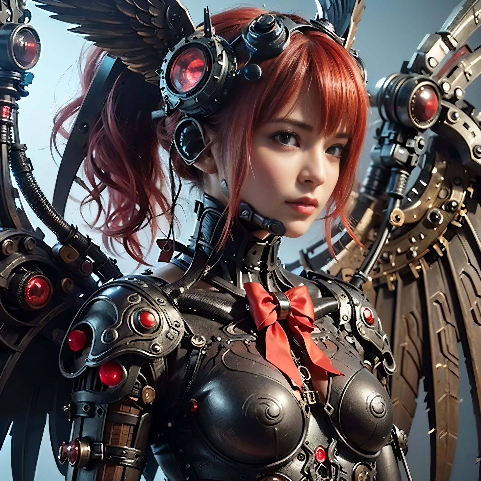 (top-quality:1.2, masterpiece)、ultra high resolution、extremely ultra surrealism, (Photorealsitic:1.4)、Raw photo、(Steampunk Battle Cyborg fallen angel)、large bat wings made of metal、black porcelain body、red  hair、glowy skin、1 Cyborg girl、(mechanical frame:1.3)japanese, extremely cute face,  ((super realistic details))、portrait、globalillumination、Shadow、octan render、8K、ultrasharp、character edge light、Details of complex ornaments、Acrylic Clear Cover、Sumerian details、Hydraulic cylinder、Small LED lamp、highly intricate detail、Realistic light、a purple eye、radiant eyes、Facing the camera、neon details、cowboy  shot、Futuristic headgear、About Cyberpunk