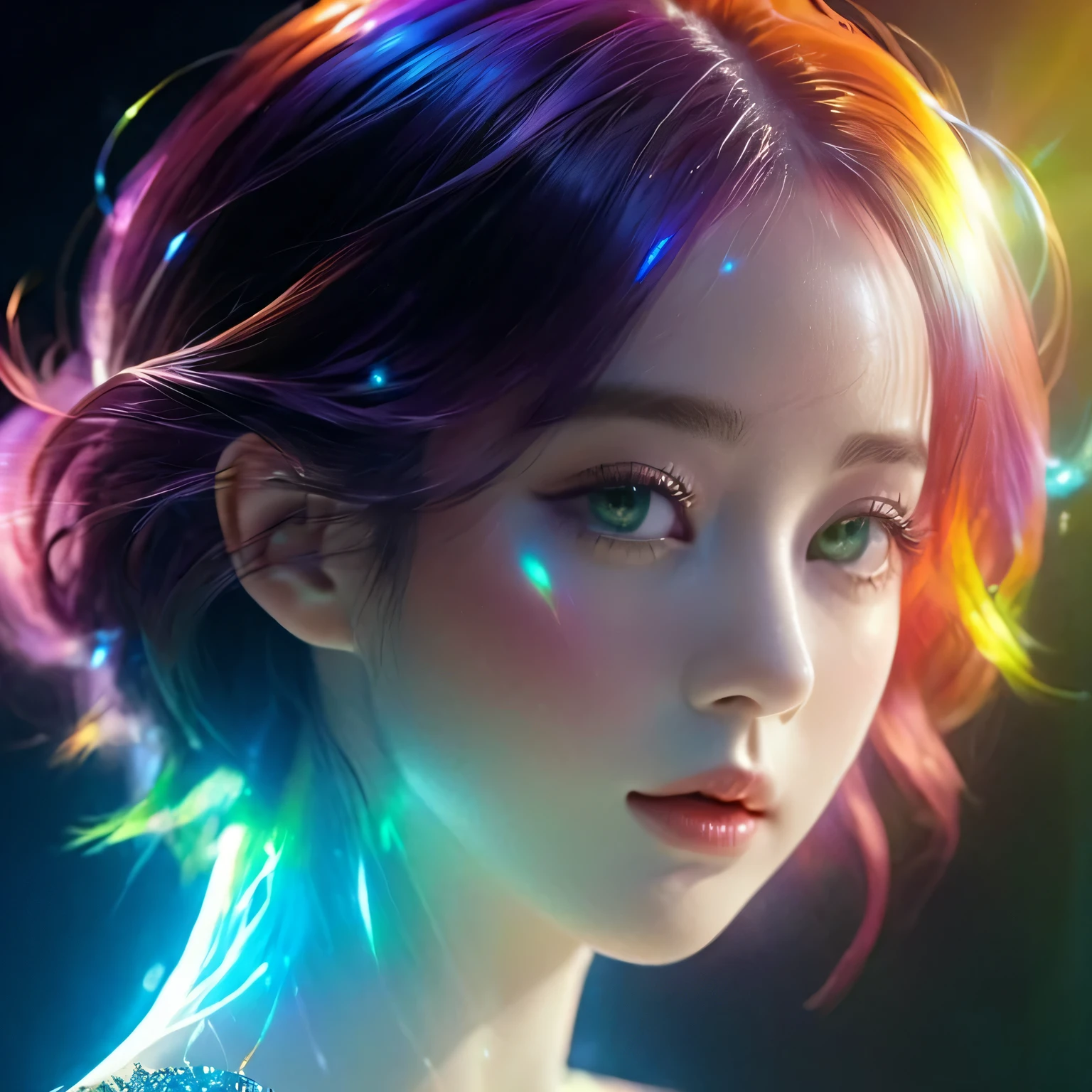 {{Masterpiece}}, best quality, A collection of 8k CG wallpapers that are very detailed., movie light, lens flare, The details are beautiful to the eye., black, side view, colorful hair, Rich and colorful light, particle, Heterochromia, (Rich and colorful:1.5), (Rich and colorful hair:1.5),