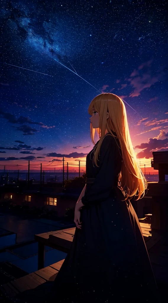 １people々々々々々々々,Blonde long-haired woman， Dress Silhouette， Side view，Space Sky, comet, Anime Style, Starry sky seen from the rooftop，