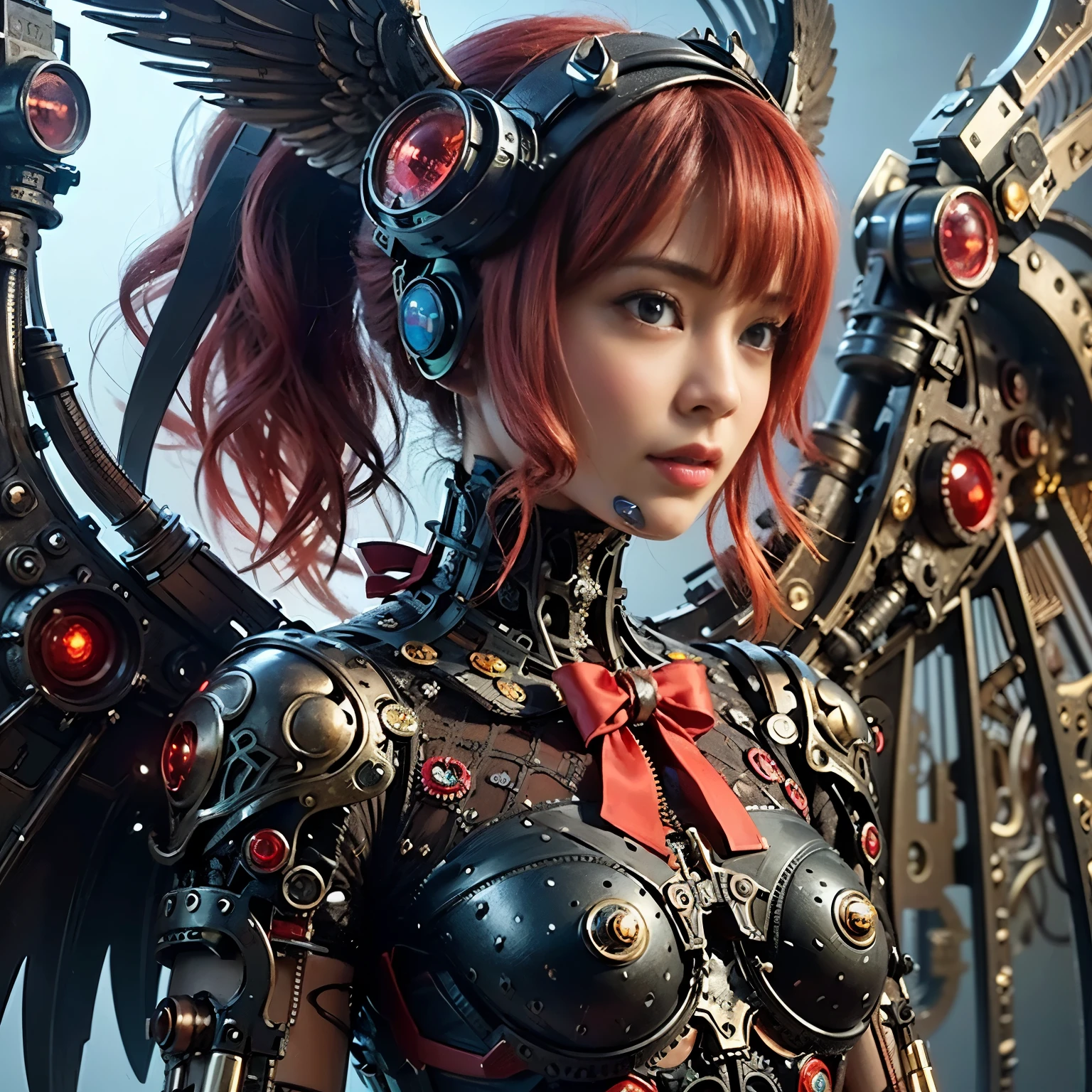 (top-quality:1.2, masterpiece)、ultra high resolution、extremely ultra surrealism, (Photorealsitic:1.4)、Raw photo、(Steampunk Battle Cyborg fallen angel)、large bat wings made of metal、black porcelain body、red  hair、glowy skin、1 Cyborg girl、(mechanical frame:1.3)japanese, extremely cute face,  ((super realistic details))、portrait、globalillumination、Shadow、octan render、8K、ultrasharp、character edge light、Details of complex ornaments、Acrylic Clear Cover、Sumerian details、Hydraulic cylinder、Small LED lamp、highly intricate detail、Realistic light、a purple eye、radiant eyes、Facing the camera、neon details、cowboy  shot、Futuristic headgear、About Cyberpunk