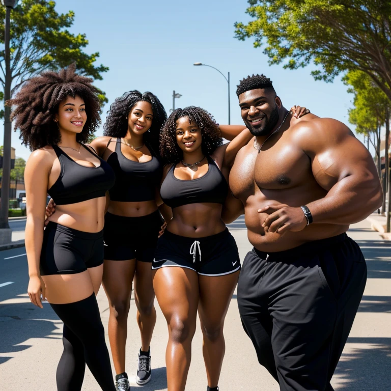 (A large muscular black man, wearing shorts, in-center of composition) A diverse group of young Americans, representing different ethnicities and characteristics, wearing yoga-pants and tank-tops, displays their unique beauty with perfect bodies, large breasts, Among them, there are blonde girls with auburn hair, emanating an air of natural elegance. Brown girls with silky locks and a captivating sheen show off their exotic beauty. Also present are black girls with stunning curly hair, highlighting their authenticity and cultural pride, (the women surround a single large muscular BLACK MAN with short-hair, from all sides) the women kiss the large Black Man, touch the large Black man, masterpiece, high details, high quality, best quality.