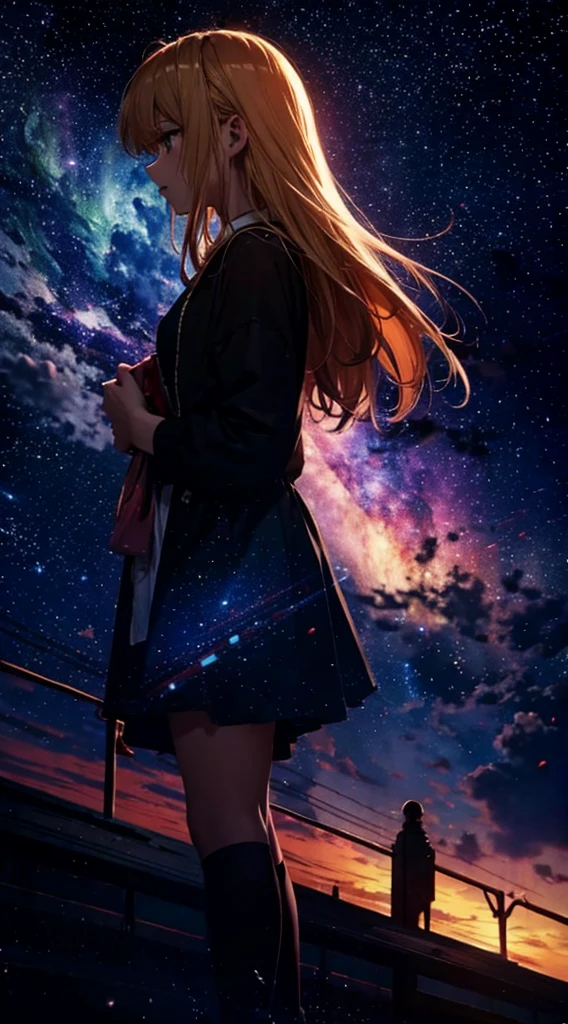 １people々々々々々々々,Blonde long-haired woman， Dress Silhouette， Side view，Space Sky, comet, Anime Style, Starry sky seen from the rooftop，