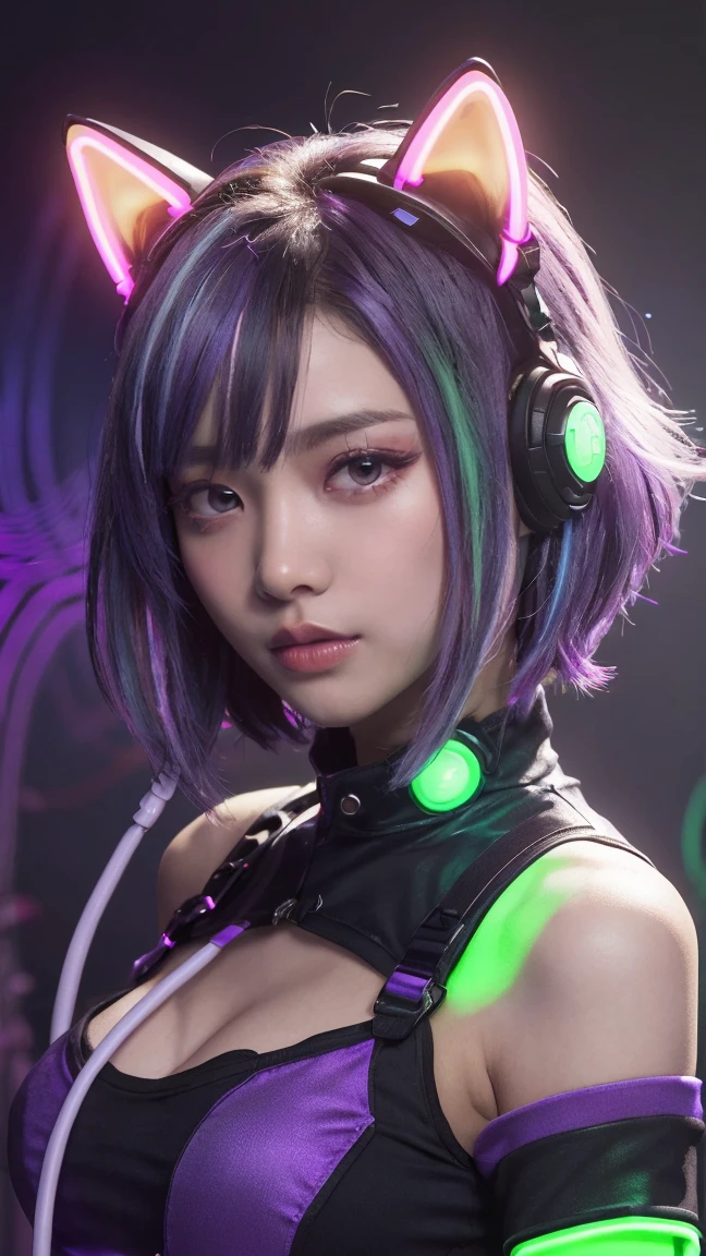 (Neon purple thema:1.2), masterpiece, highest quality, 4K, (Photorealistic), bokeh, enlightenment,(1 perfect portrait of a girl), (A fascinating eye for perfect detail:1.2), colorful hair, (gradient hair), (neon purple soft hair:1.6), (Cat ear:1.2), fantasy background, (exposed bare shoulders), (long-term alienation sleeve), (lean forward a little), head tilt, (movie lighting:1.2), oversized clothes, (seductive pose:1.4), (neon purple  background:1.6), purple beautiful eyes, close up,