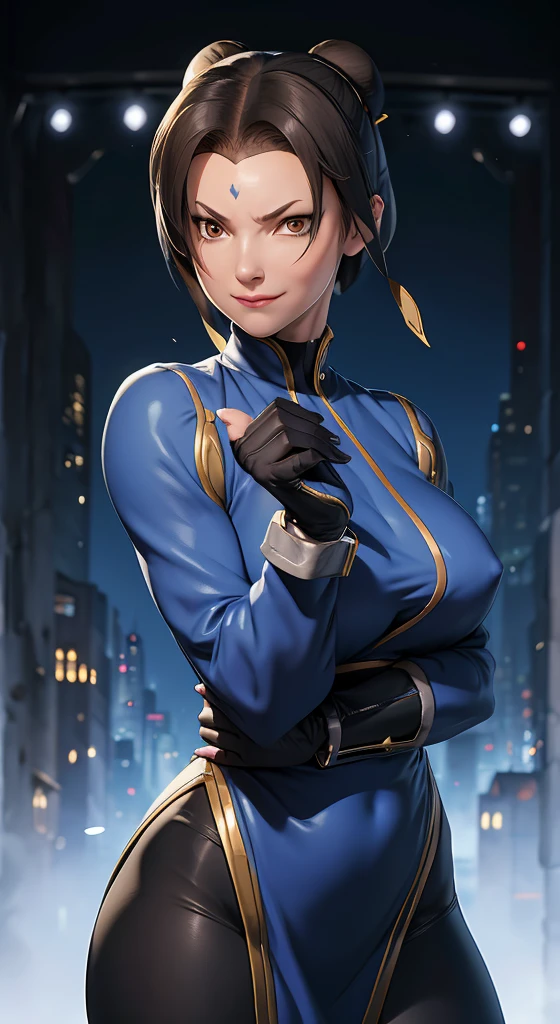 Solitary, masterpiece, best quality, sour, gray sweater, Black tights, permanent, Looking at the audience, short hair,Eye,Evil smile, Expression, chun li,Black gloves,Blue suit,sick face,low lighting,Healed thigh
