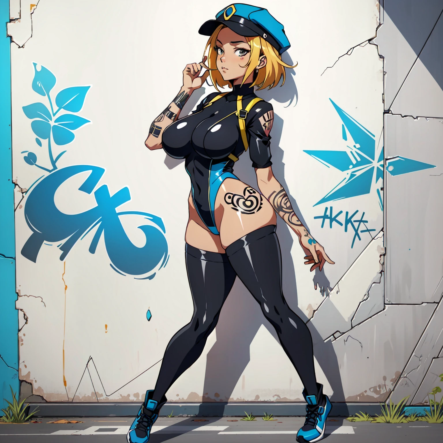 anime style, graffiti woman, graffiti on the wall, leotard against the wall, side cap, bright colors, good figure, good curves, highest quality tattoos, ultra detailed, tattooed breasts, 8K, full body