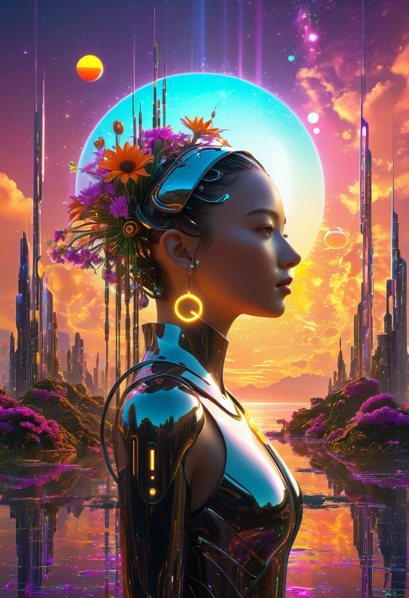 Neo-age NewEden, bathed in the warm glow of a sunset, featuring unique individuals and fusion of flora with futuristic architecture, set against a backdrop of a cosmic sky with multiple suns and moons, cybernetic dreamscape encapsulated in a digital matrix of unicode symbols, ultra-realistic, volumetric lighting, digital painting.