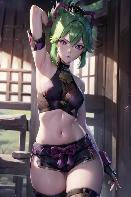 shinobukuki, shinobu kuki, green hair, hair between eyes, ponytail, short hair, (purple eyes:1.1),
BREAK armor, bare shoulders, black gloves, cropped jacket, fishnet top, fishnets, gloves, gold trim, hair ornament, jacket, leg armor, midriff, off shoulder, partially fingerless gloves, purple jacket, shirt, short shorts, shorts, shoulder armor, sleeveless, sleeveless shirt, bedroom
BREAK looking at viewer,
BREAK outdoors,
BREAK (masterpiece:1.2), best quality, high resolution, unity 8k wallpaper, (illustration:0.8), (beautiful detailed eyes:1.6), extremely detailed face, perfect lighting, extremely detailed CG, (perfect hands, perfect anatomy), armpits, arm up, nsfw, no bra, chlotes lift, topless, breast, nipples, naked, spreading her leg, vagina, full body view