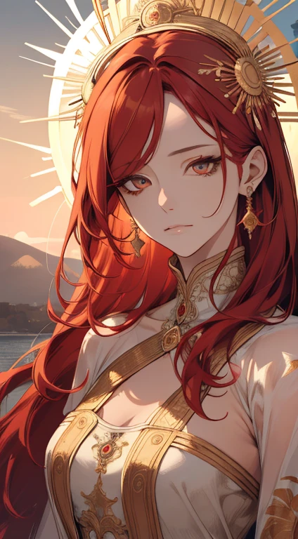 (extremely delicate and beautiful:1.2), 8k,(masterpiece:1.0),(best_quality:1.0), 1girl, mature woman, sun as a women, complex details, enlarged textures, complex details, finely detailed eyes and detailed face, intricate details, red hair, (closed mouth), perfect eyes, equal eyes, (sun goddess)