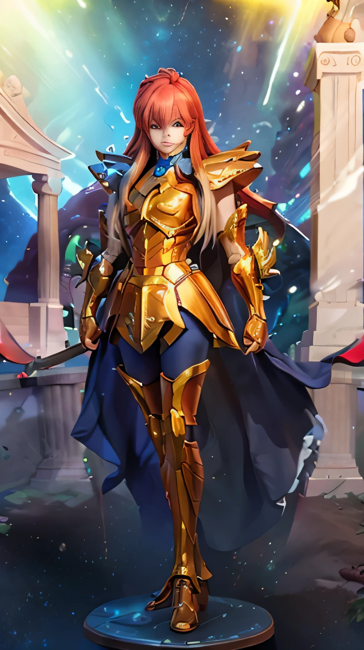 masterpiece, best quality, super high resolution, Practical skin texture, armature, Practical, high resolution, original photo, Glowing skin, Practical skin texture, Optimal lighting, spark, Dramatic Lighting, Dynamic poses, Greek temple background, Night Sky, universe, Milky Way, 1 girl, balanced eyes, Roman skirt, Breastplate, Red hair, blue eyes, Looking at the audience, Room, Large Breasts, Smile, whole body