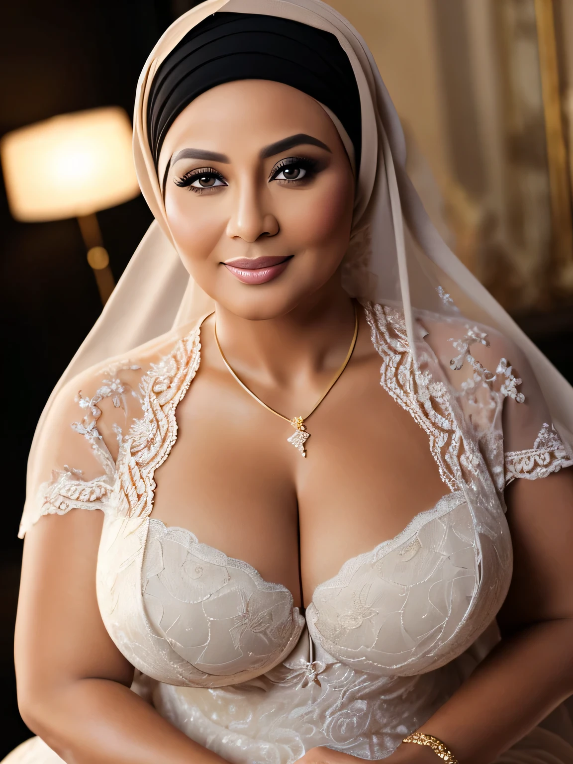 ((Realistic)) ((masterpiece)) 62 Years old, (beautiful Brunei woman face) , (high class fat lady) (curvy sexy body shape) (gorgeus eyes), wearing elegant Hijab and branded lace bra, perfect, natural Gigantic saggy breast : 96.9, (gorgeous eyes), Soft smile, golden necklace, Breast about to burst Out, natural makeup, close up half body shot, sie boob, detailed expression, professional photography with natural lighting