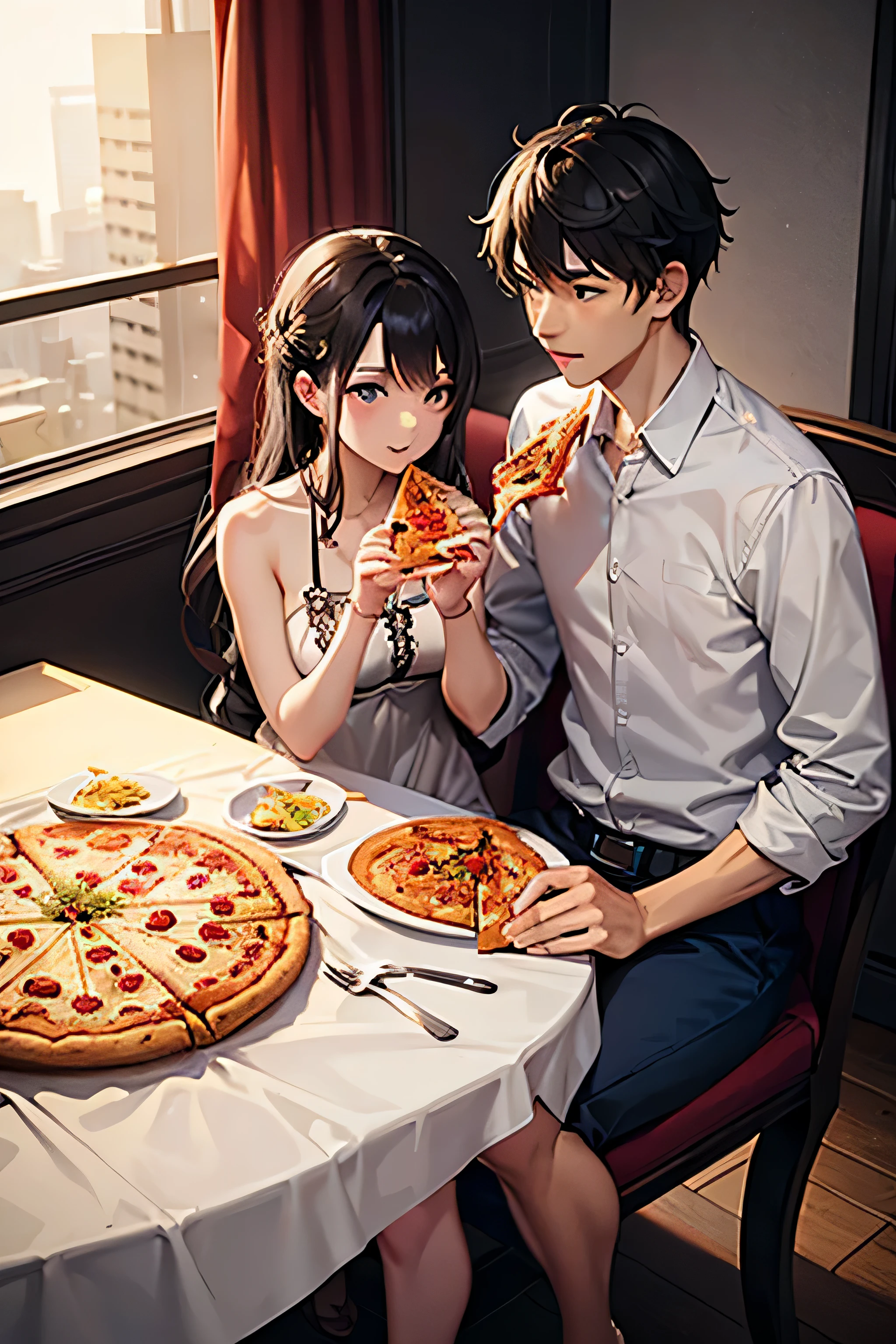 couple in no dress, sharing pizza, eating together