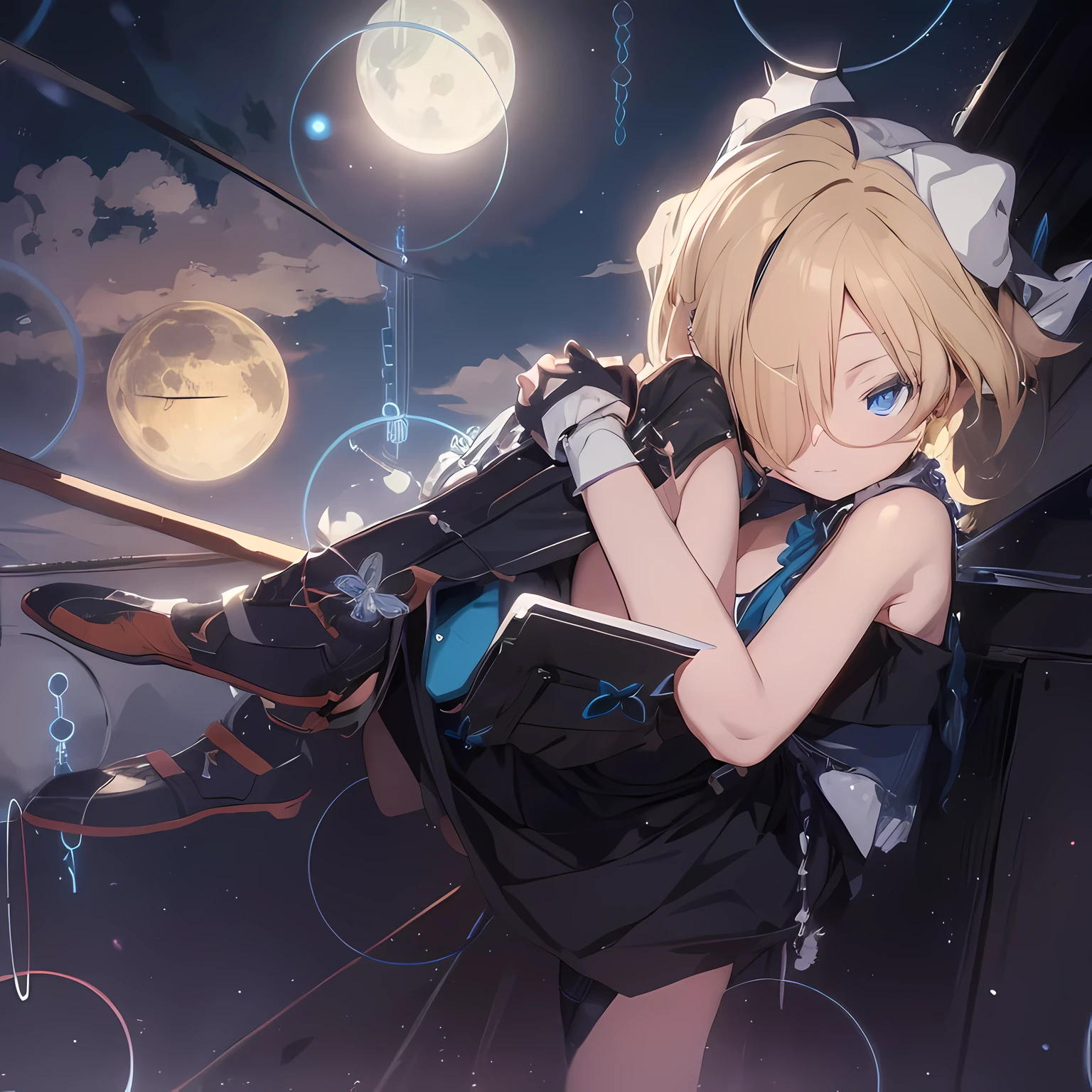 blonde anime girl in a black dress with a full moon in the background, blue eyes, have cute brown dog ears, kagamine rin, nightcore, anime style. 8k, starry sky!!, /!\ the sorceress, beautiful celestial mage, anime styled digital art, astral witch clothes with butterfly, dreamy night, anime styled 3d, [ digital art ]!!