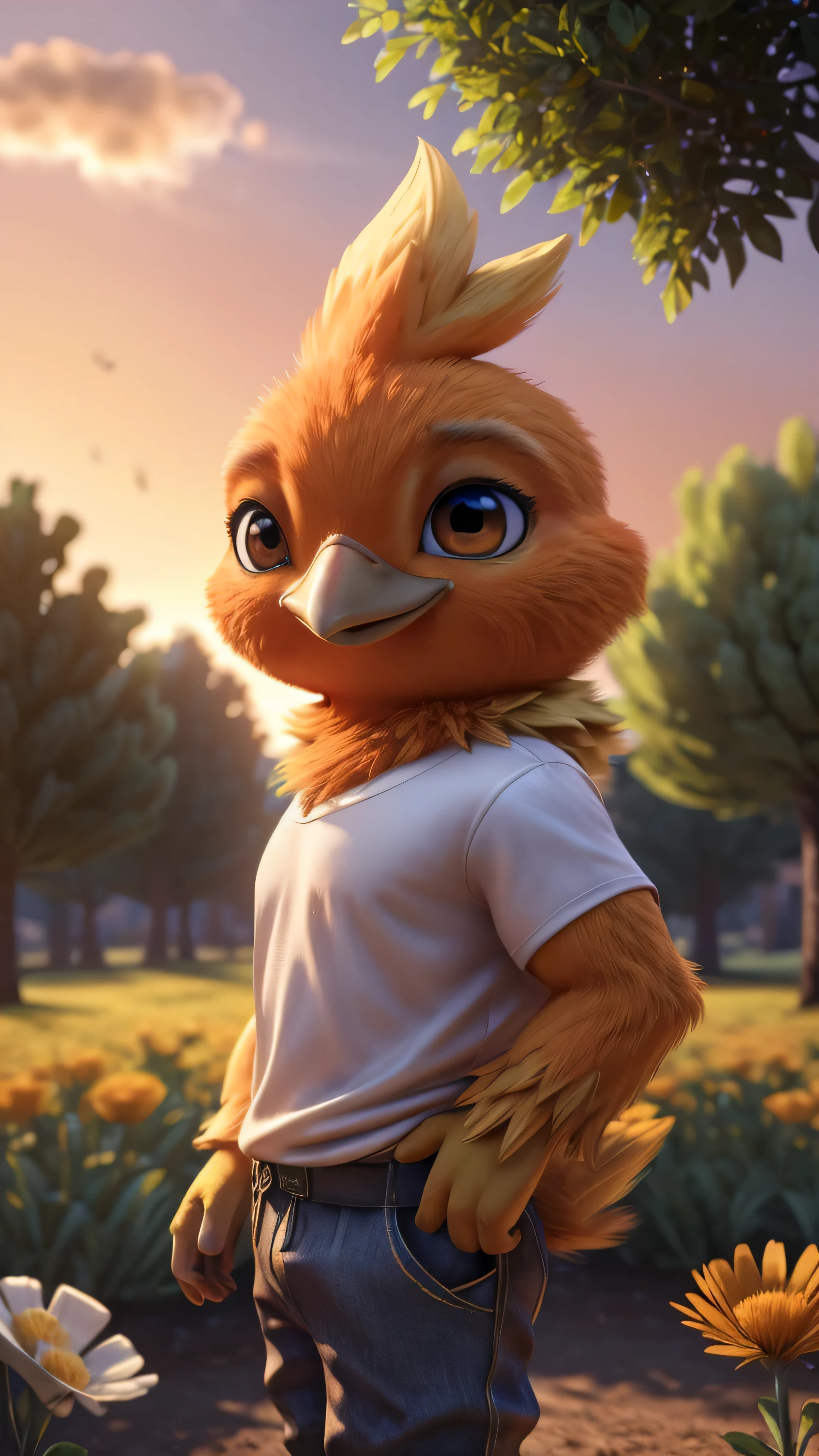 male , bird, torchic, background, (cinematic lighting:1.1), (perfect focus:1.1), 8k hd, (detailed eyes:1.2),depth of field, bokeh, subsurface scattering, perfect breasts, wide ,((Gamer shirt and pants  )),bright colors, (furry detail:1.3),detailed background, realistic, photorealistic, ultra realistic,in the park, natural landscape, trees, flowers, sky, clouds,realistic, photorealistic ,smile,(fluffy:1.3), furry, buff, (realistic fur:1.1), (extreme fur detail:1.2),((light orange fur)),(Black pupil, brown  eyes,pixar style eyes),torchic tail,3d pixar legs, with pectorals. 