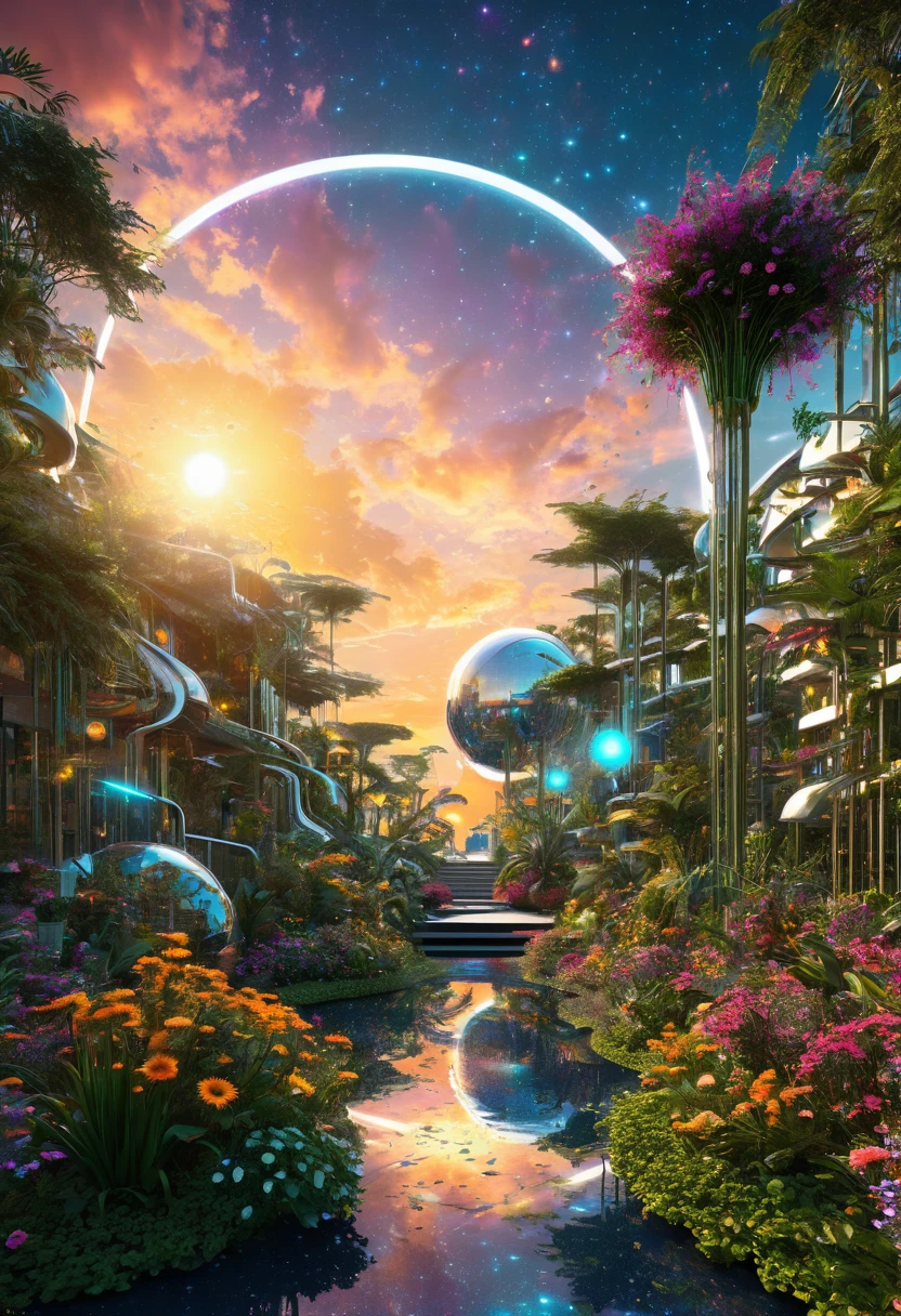 Cybernetic living room merging seamlessly into a neo-futuristic New Eden garden, sunset casting a warm glow on the distinctive individuals strolling amidst intertwined flora and structural elements, cosmic sky overhead adorned with multiple suns and moons, unified in an intricate digital art piece, incorporating Matrix-style uniCODE elements, breathtaking surreal masterpiece, ultra-fine details.