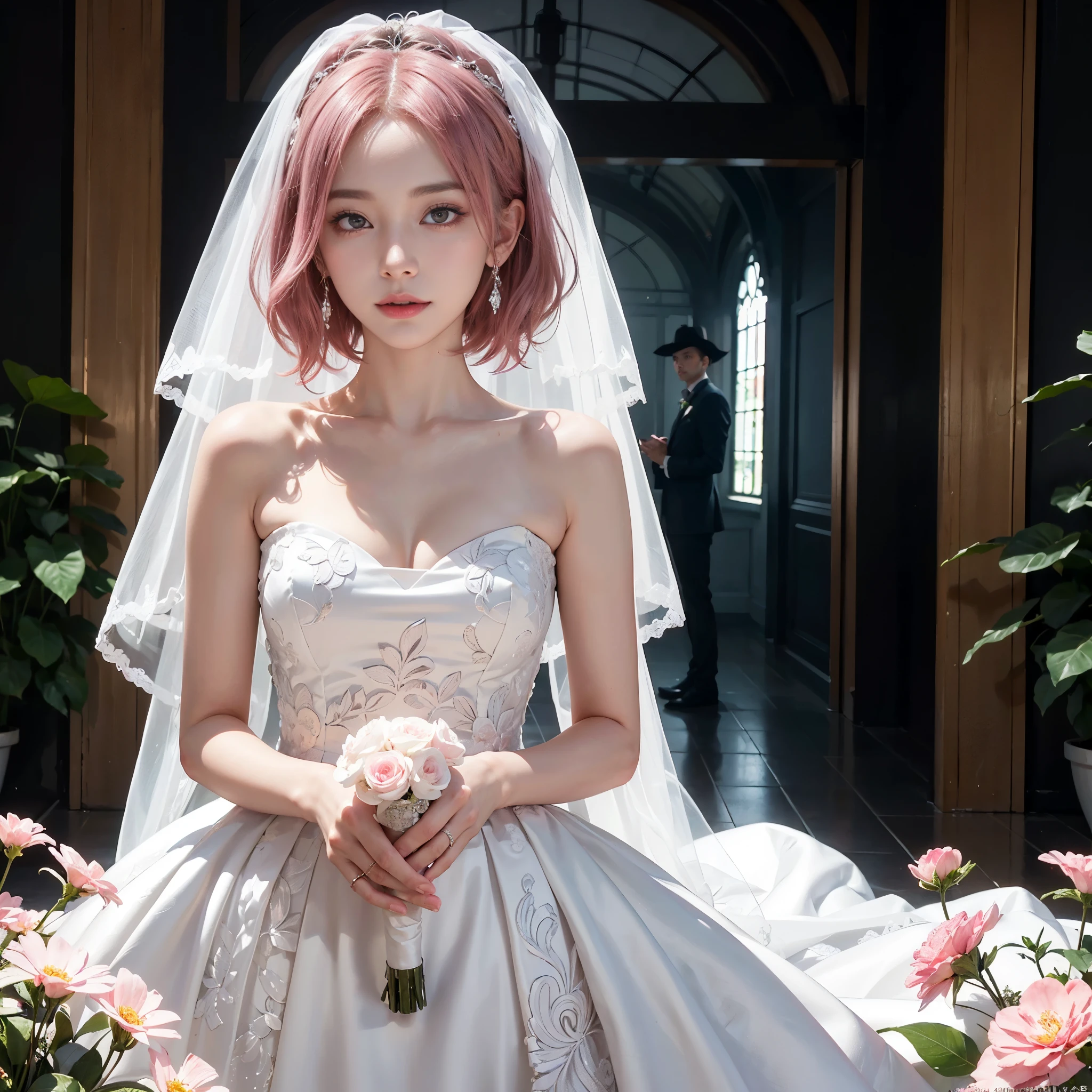 (1 Girl Solo, 1 Sexy Woman, Pink Hair, Short Hair, Wavy Hair, A line wedding dress, CowBoy Shot:1.4), (flower garden:1.2), Earrings, Smile, ((Red Eyes, Beatiful Eyes, Detailed Eyes, textured skin, Beautiful skin,)), ((Anatomically Correct:1.3)), (Close-Up:1.2), Hard Lighting, Cinematic Light, (depth of field), Look at viewer, (Futuristic Portrait), no futuro telhado de luz neon, SSCI - FI e Fantasia, intrincado e muito bonito e elegante, altamente detalhado, pintura digital, art-station, arte conceitual, smooth and sharp focus, illustration, Arte de Tan Zi e Ayanamikodon e Alphonse Mucha e Wlop