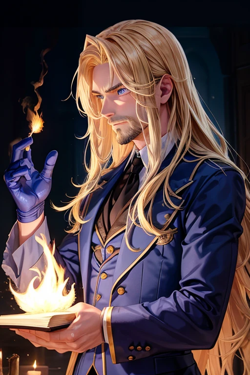 A muscular blonde haired male wizard with blue eyes with a dark beard and long hair in a student's suit is playing with fire magic at night
