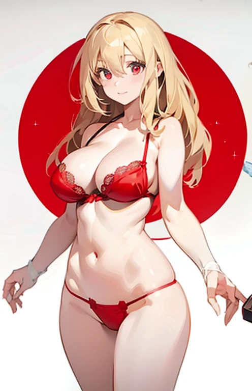 (masterpiece:1.6,best quality),(Eyes are thin and beautiful:1.2),(Overhead),high quality,Pretty Face,huge,Wide hips,Convex, 丰满而Mature的女人,Long blond hair,Red eyes, Frontal photography, masterpiece, ((The background is blank: 1.3)), Front main light source,Mature, Performance, ,Perfect anatomical structure,((White skin)),Standing picture, (Red bikini:1.7)