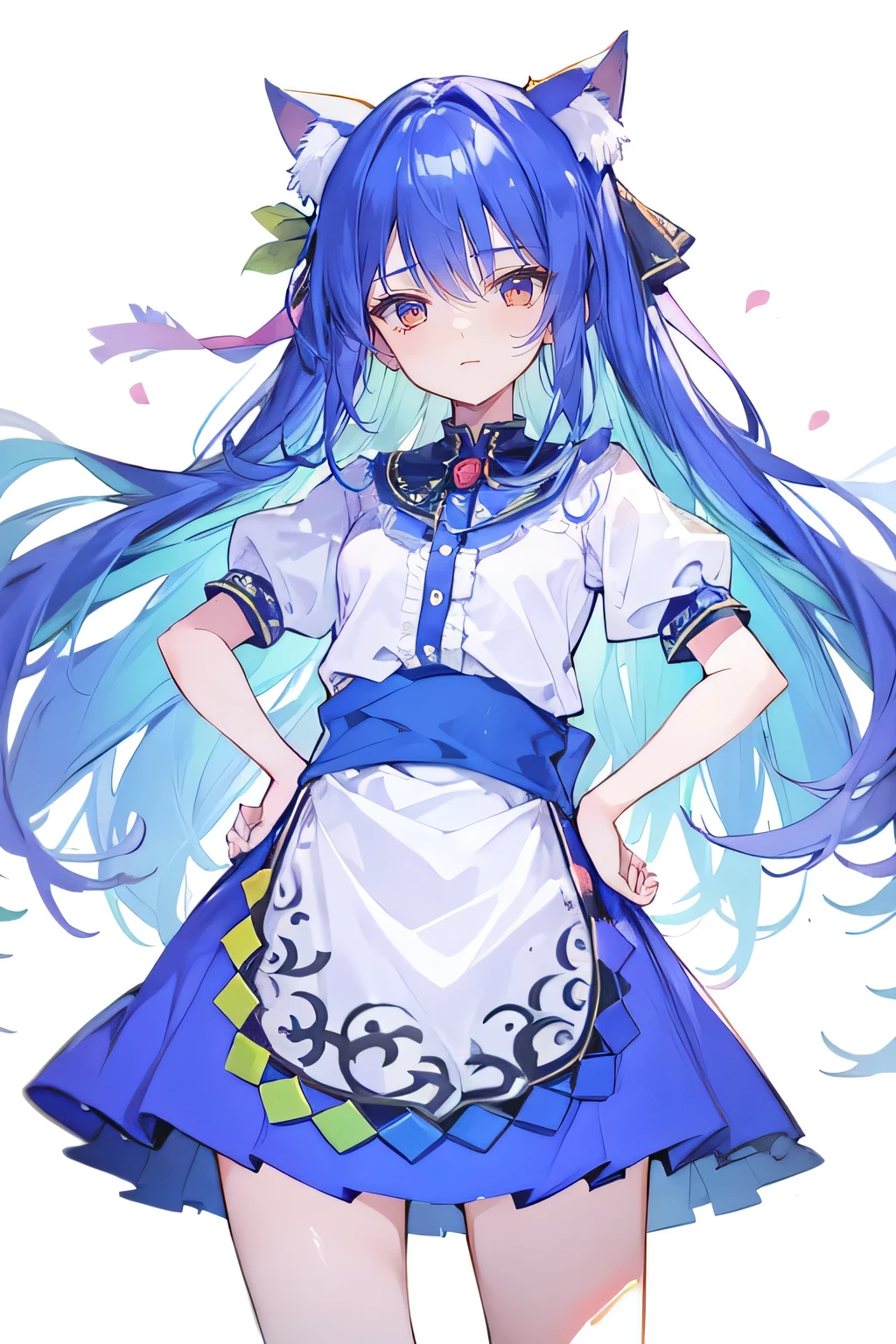 (masterpiece),best quality, expressive eyes, perfect face, 1girl,
Put your hands on your waist,fair, Gorgeous,Japanese cartoons,girl,lola,Hina Angel, blue hair, blue haired, floating clothes,Grab your waist, Grab your waist, hands on hips , hands on hips,sit, sit on ground, Legs on the ground, flat chest,cat ears,Petals fall,Sitting in the summerhouse,summerhouse,