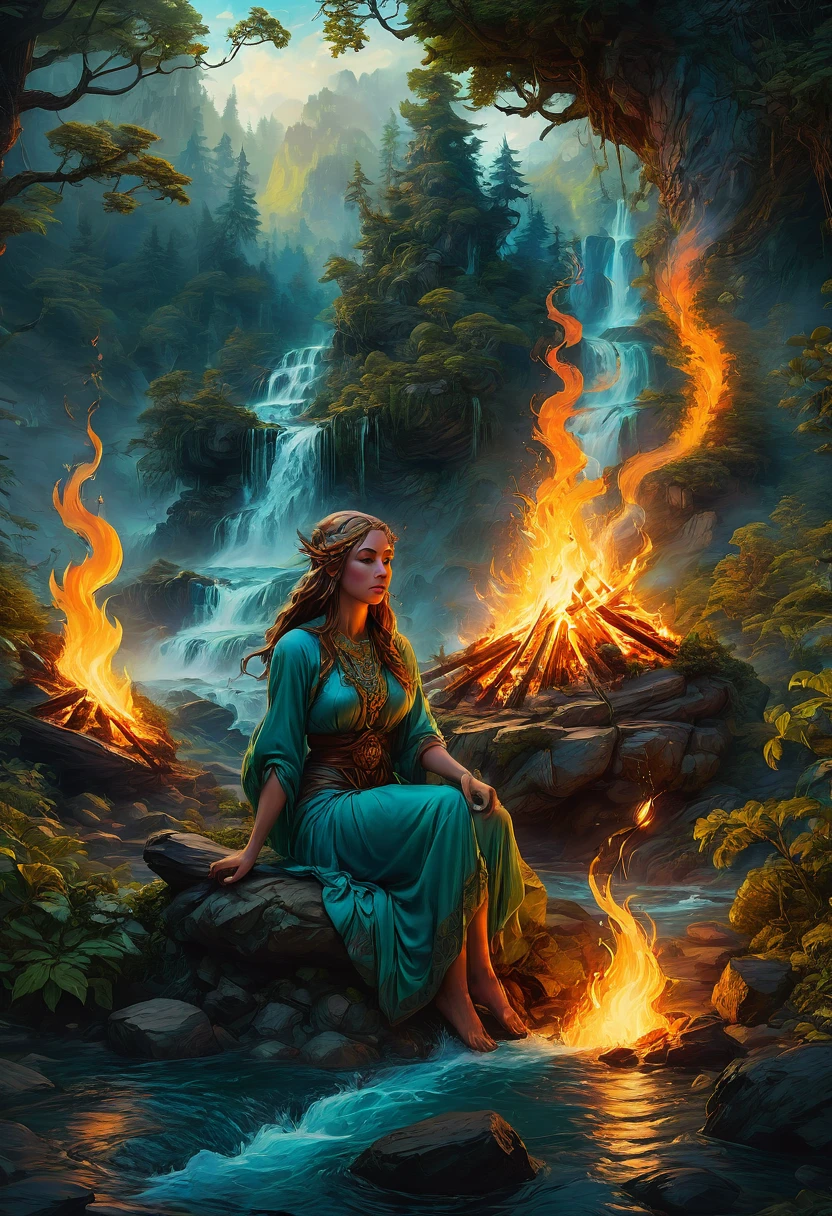 1girl, Campfire, aesthetic, Digital painting of a mystical druid performing a ritual around a large campfire at the summit of a mountain with rapids flowing below through a lush fantasy wilderness forest, trending on artstation, fantasy art by Greg Rutkowski and Alphonse Mucha, detailed matte painting, deep color, fantastical, intricate detail, splash screen, complementary colors, fantasy concept art, 8k resolution trending on Artstation Unreal Engine 5