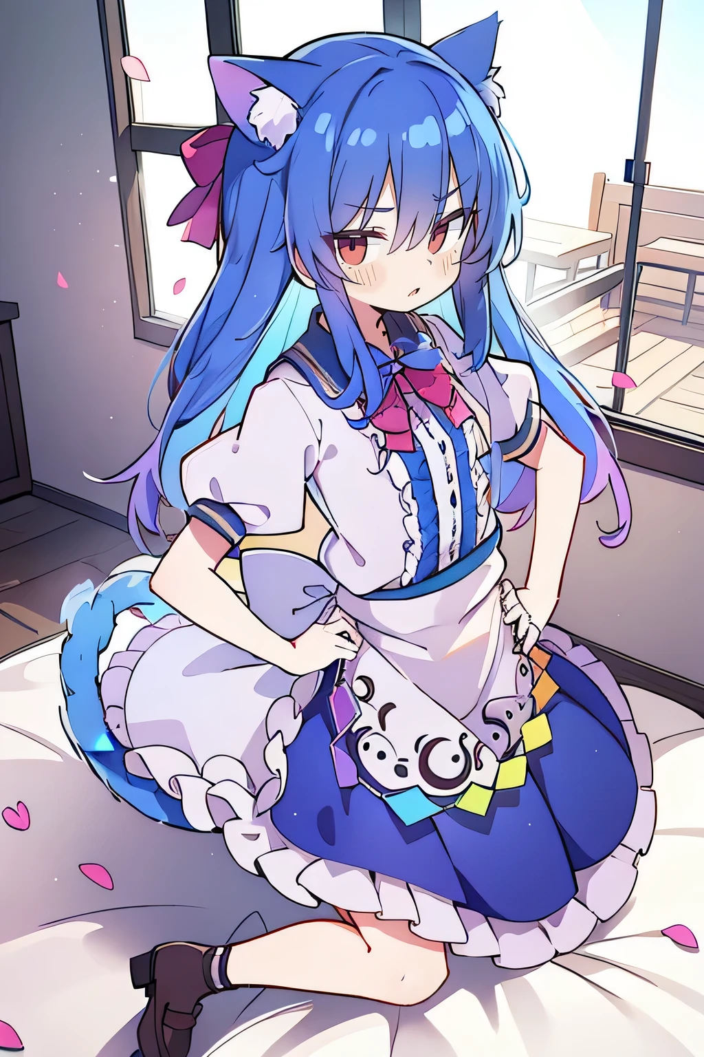 (masterpiece),best quality, expressive eyes, perfect face, 1girl,
 Put your hands on your waist,fair, Gorgeous,Japanese cartoons,girl,lola,Hina Angel, blue hair, blue haired, floating clothes,Grab your waist, Grab your waist, hands on hips , hands on hips,sit, sit on ground, Legs on the ground, flat chest,cat ears,Petals fall,Sitting in the summerhouse,summerhouse,