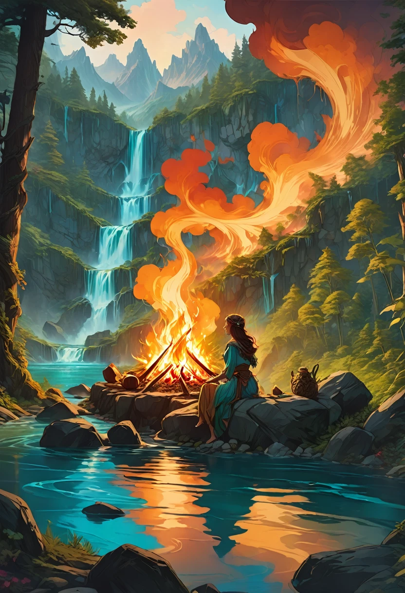 1girl, Campfire, aesthetic, Digital painting of a mystical druid performing a ritual around a large campfire at the summit of a mountain with rapids flowing below through a lush fantasy wilderness forest, trending on artstation, fantasy art by Greg Rutkowski and Alphonse Mucha, detailed matte painting, deep color, fantastical, intricate detail, splash screen, complementary colors, fantasy concept art, 8k resolution trending on Artstation Unreal Engine 5