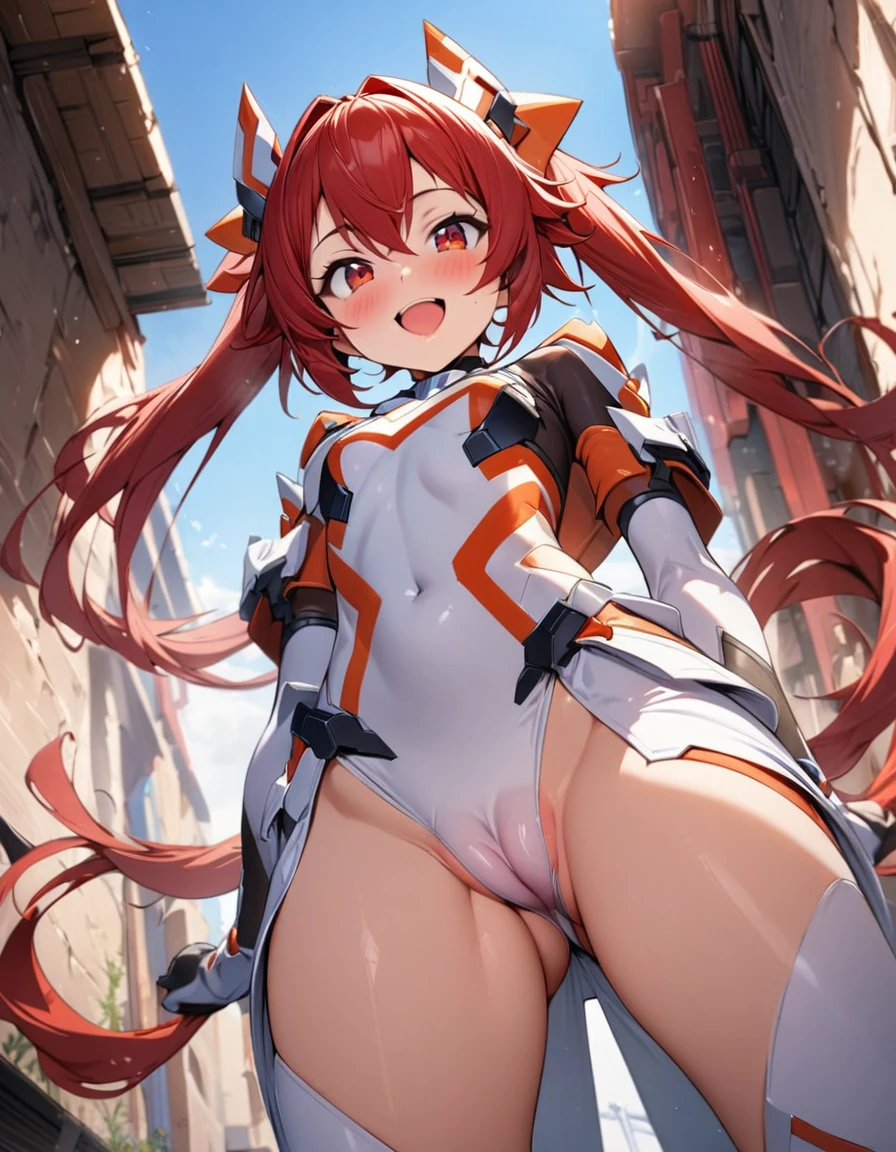 masterpiece, best quality, ultra-detailed, 1girl, , transform battle heroine, red and white skinny battle costume, cameltoe, from below, red hair, long twin tail, red eyes, smile, 