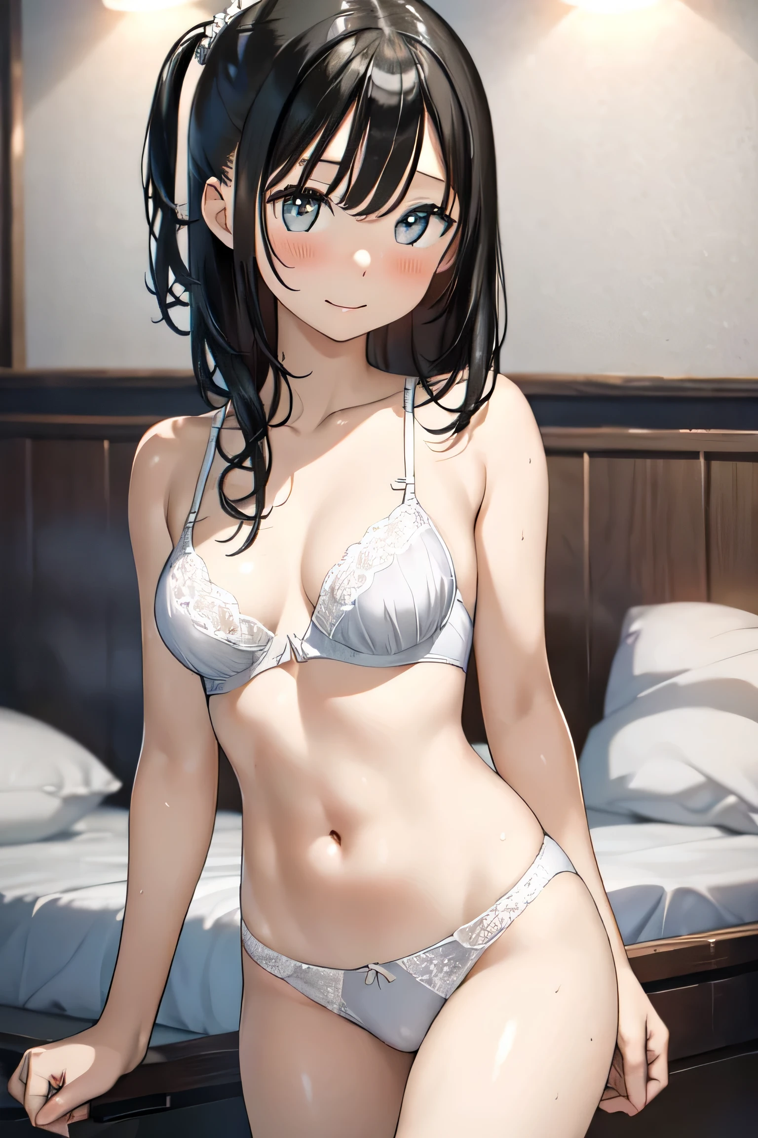 In 8K, highest quality, The real picture, Intricate details, Ultra-detailed, Super A High Resolution, Depth Field,(Photorealistic,Realistic:1.2),masterpiece, 0.25 :: Close-up , Front shot ,  Very beautiful  girl, White panties、White bra、Black Hair、Side Ponytail、bedroom、smile、camel toe,from front,standing,belly button,cowboy shot