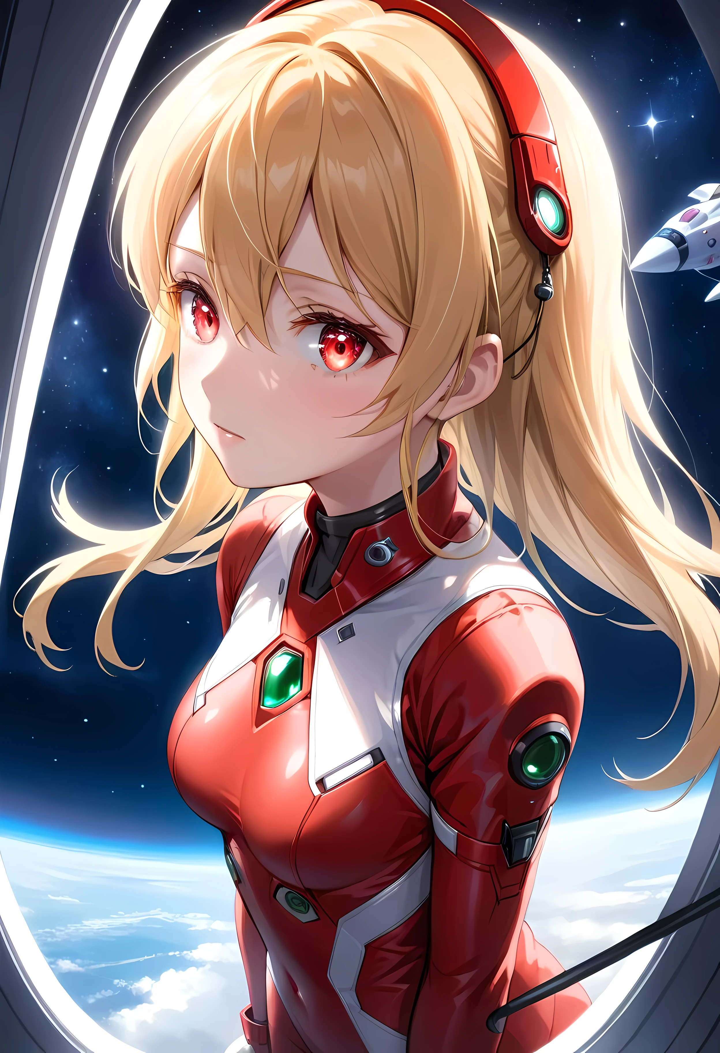 (shylily/(Twich/):1.5),(masterpiece:1.2),(best quality:1.2),, (1girl:1.3),(Overhead view),dynamic angle,ultra-detailed, illustration, close-up, straight on, 1girl, , souryuu asuka langley, interface headset, red bodysuit:1.4, blonde)),Her eyes shone like dreamy stars,(glowing eyes:1.233),(beautiful and detailed eyes:1.1),(expressionless,closed mouth),(standing), (mechanic room with toolsand spaceship windowin a white SPACESHIP),(night:1.2),dreamy, [[delicate fingers and hands:0.55]::0.85],(detail fingers),