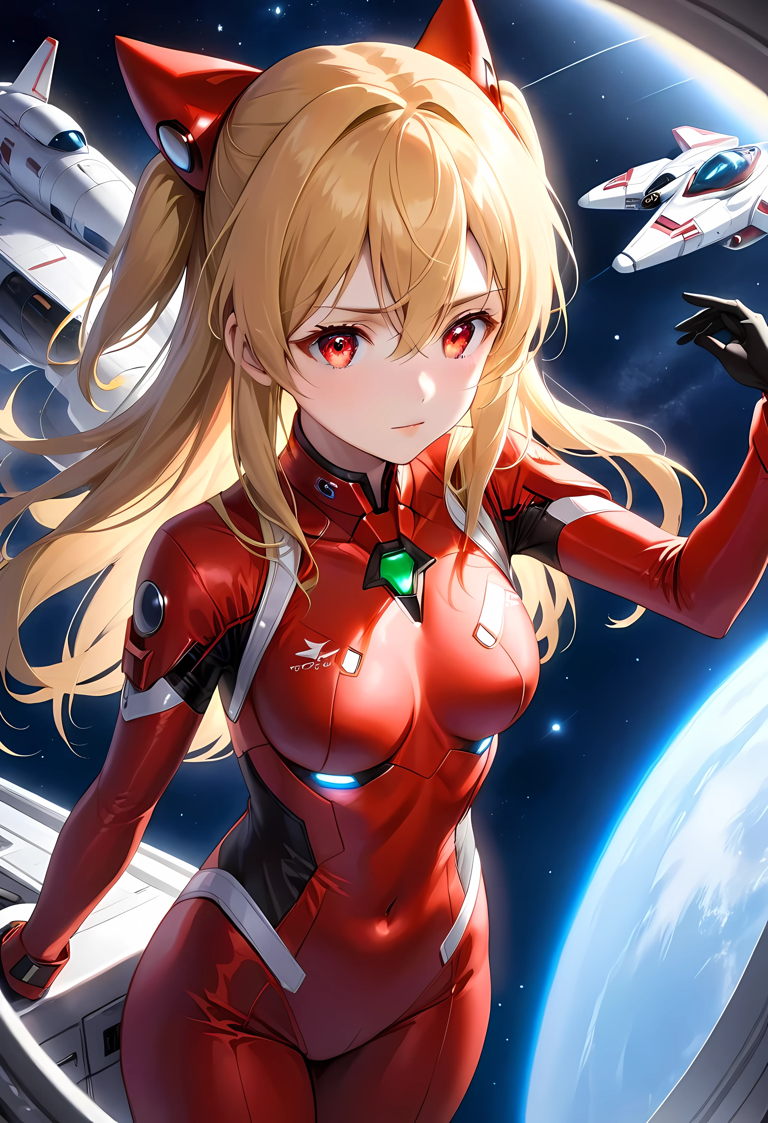 (shylily/(Twich/):1.5),(masterpiece:1.2),(best quality:1.2),, (1girl:1.3),(Overhead view),dynamic angle,ultra-detailed, illustration, close-up, straight on, 1girl, , souryuu asuka langley, interface headset, red bodysuit:1.4, blonde)),Her eyes shone like dreamy stars,(glowing eyes:1.233),(beautiful and detailed eyes:1.1),(expressionless,closed mouth),(standing), (mechanic room with toolsand spaceship windowin a white SPACESHIP),(night:1.2),dreamy, [[delicate fingers and hands:0.55]::0.85],(detail fingers),