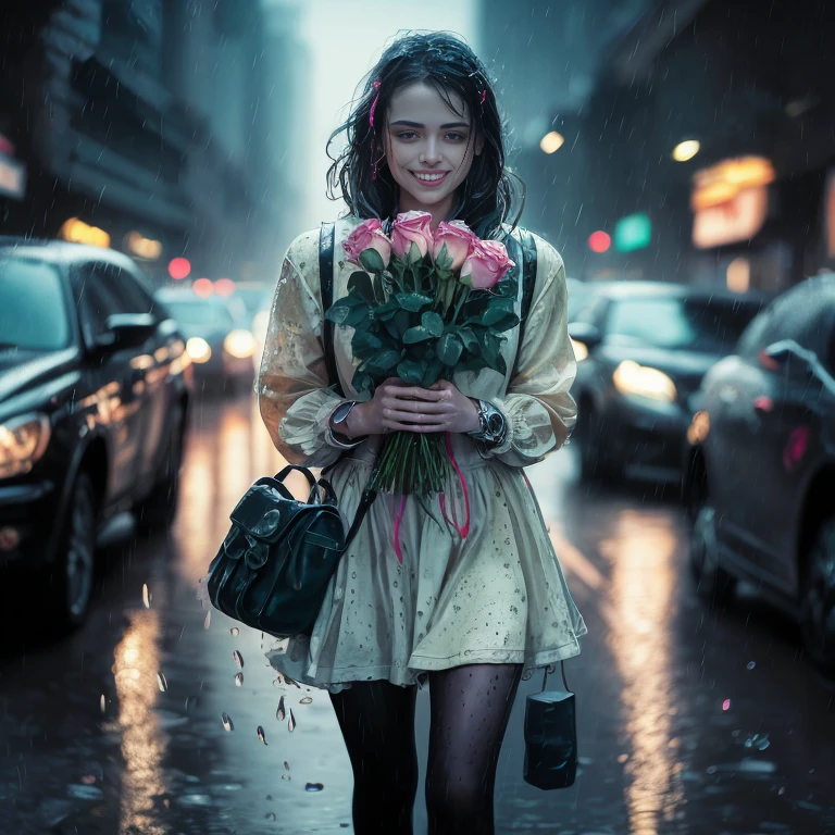 a woman walks down the street with a bouquet of flowers in her hands, Brandon Woelfel, pretty girl standing under rain, carry flowers, nice woman, happy girl, Rainy mood, Portrait of Rain, with flowers, cyberpunk cyborg. roses, rainy evening, in the evening when it rains, ominous good mood, under rain, On a rainy day, holding flowers