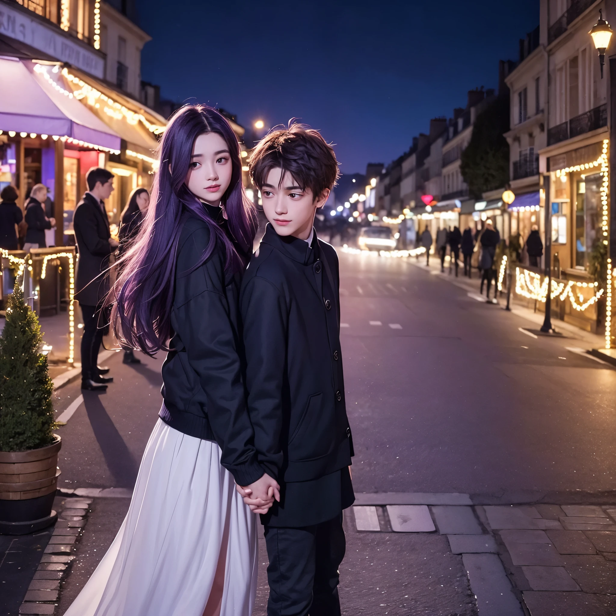 A Paris street, night time, beautiful virw, beautiful aesthetic scenes, a little bit zoomed photo, beautiful street, one girl and one boy walking on streer ((a romantic happy scene)) holding each other hands, boy is taller than the girl, girl with long hairs, the night color is a little blue and purple, boy with shorter hairs