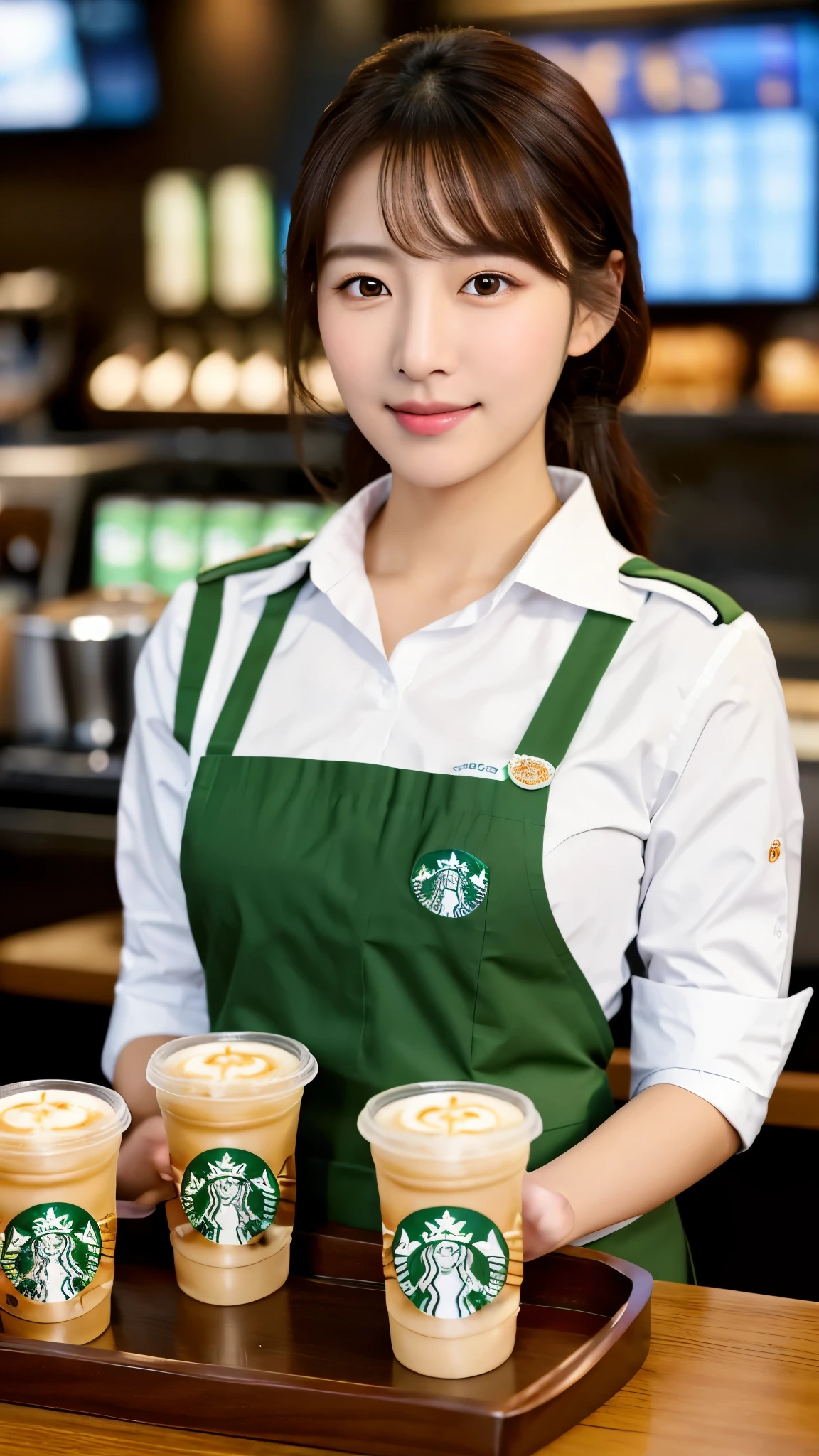 close-up of beautiful korean female, 34 inch breasts size, wearing Starbucks coffee uniform, holding tray of coffee mugs, menu board in background, UHD