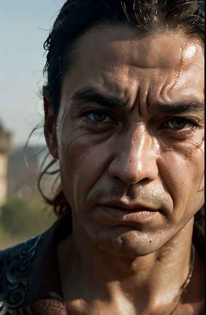 (Best quality), (masterpiece),Realistic close-up portraits in Ultra HD，Samurai in a battle mask, wrinkle ,Facial expressions show strong emotions、Watery eyes、burning castle、male、40 years、Gloomy face